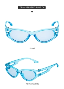 Transparent blue oval sunglasses with fashion hollow temples shown in two different angles