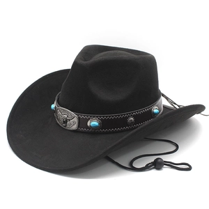 Black western felt cowboy hat with silver bull head buckle and turquoise leather band