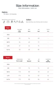 Detailed size chart for yoga sets including fabric composition and wash instructions
