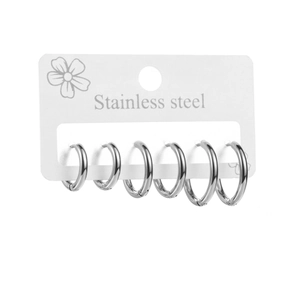 6-piece minimalist silver stainless steel hoop earring set in varied sizes on white card