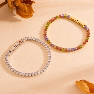 Bracelet Tennis Plaque Or 18K Acier Inoxydable Zircon Cubique Coupe Ovale Accessoire Mode Femme
