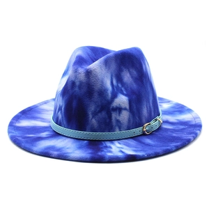 Blue tie-dye wide brim fedora hat with light blue leather band and golden buckle