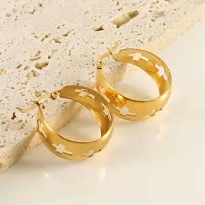Stainless Steel Hoop Earrings With Hollow Cross Design 18K Gold Plated Round Geometric Religious Jewelry For Women