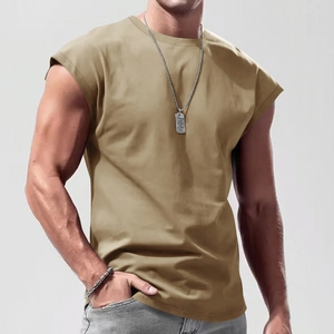 Detail of khaki crewneck sleeveless shirt with thick cotton texture and drop armhole cut