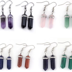 Natural Gemstone Hexagonal Pillar Drop Earrings Crystal Geometric Alloy Hook Bohemian Jewelry For Women