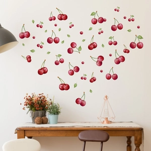 Self-adhesive cherry wall stickers in watercolor style arranged in a large heart shape