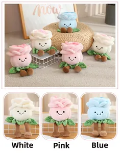Detailed view of plush rose toys with embroidered smiley faces in pink, white, and blue colors