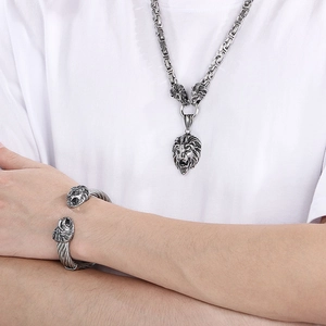 Men's punk lion head necklace and bracelet set in silver-tone stainless steel