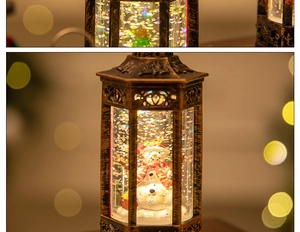 Close-up of a Christmas lantern with snowman scene and warm festive bokeh lighting
