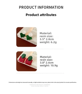 Detailed view of resin geometric earrings with material and size specifications listed