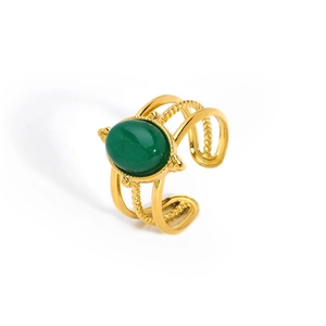 Anello vintage regolabile in acciaio dorato con pietra naturale verde ovale