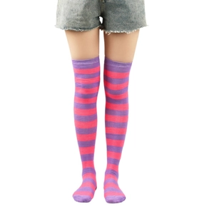 Women's pink and purple striped over-knee high socks in comfortable knitted cotton fabric