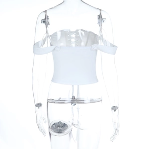 Detailed back view of white lace-up off-shoulder corset top with matching sleeves