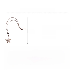 Detailed spec chart of leather starfish necklace with wood beads and size information