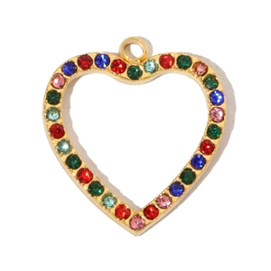 Macro shot of French hollow heart pendant with multi-colored crystals in gold finish