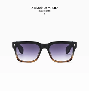 Detail view of square sunglasses with silver arrow rivets and purple gradient lenses