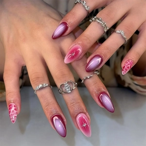 Long Almond Press On Nails Gradient Magenta Purple Star Pattern Animal Print Artificial False Nails Fashion Women
