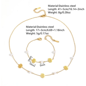 Stainless steel 18k gold plated maple leaf and pearl necklace and bracelet jewelry set