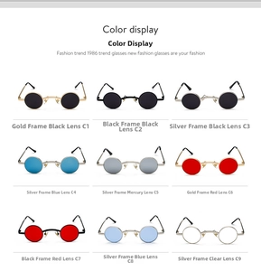 Grid display of steampunk small round sunglasses in various metal frames and lens colors