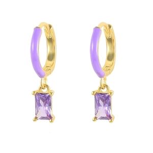 Elegant gold earrings with purple enamel and rectangular zircon pendants on white background