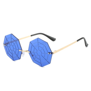 Unique blue spider web sunglasses with gold metal frame for party and street style