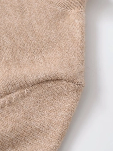 Detailed close-up showing the seamless shoulder seam and soft knit texture of the camel sweater