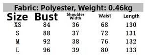 Size chart for French polka dot slip dress including bust, waist, and length measurements