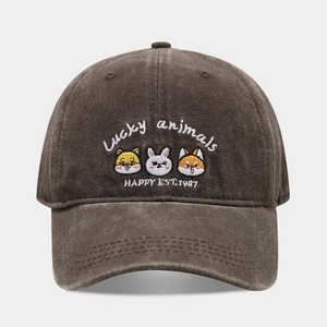 Vintage washed dark brown baseball cap featuring cute embroidered lucky animals for unisex