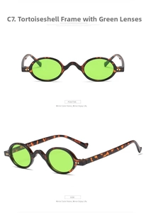 Detailed front and side view of vintage tortoise oval sunglasses with green lenses