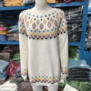 Detail of crew neck knit sweater with colorful geometric jacquard patterns on white fabric