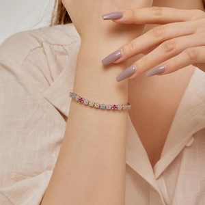 Elegant S925 silver bracelet with colorful cubic zirconia stones on model wrist