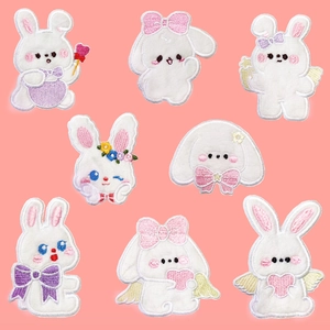 Cute Rabbit Cartoon Embroidery Patches Plush Fabric Self Adhesive Decorative Appliques For Clothes Phone Case DIY