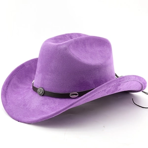 Detail of purple western cowboy hat with suede texture and silver sunburst metal accents