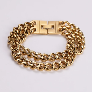 Men's double row gold stainless steel Cuban chain bracelet with rectangle clasp