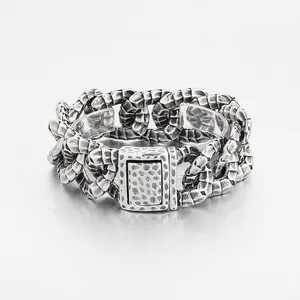 Men Bracelet 316L Stainless Steel Retro Punk Gothic Snake Scale Texture Distressed Silver Heavy Metal Link Chain