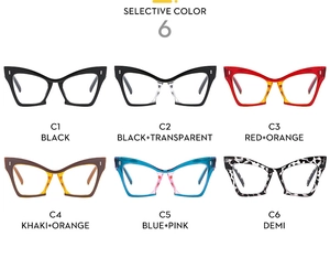 Selective color display of trendy cat-eye glasses frames in six various stylish finishes