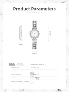 Detailed size parameters and technical specifications for the rhinestone quartz watch
