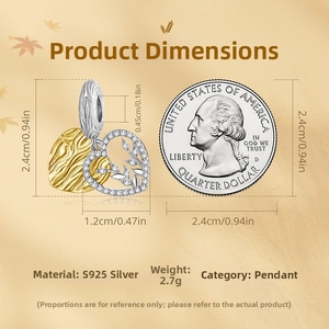 Detail of 925 sterling silver heart bee pendant with size dimensions and coin for scale