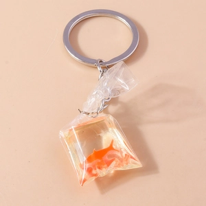 Creative orange goldfish keychain in a transparent liquid bag with silver metal ring