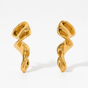 Minimalist twisted gold geometric long earrings with high polish streamline design