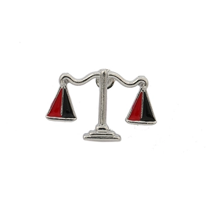 Silver scale of justice pin badge with red and black enamel for legal professionals