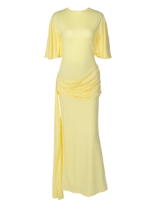 Elegant yellow maxi dress with flared sleeves and pleated waist detail on white background