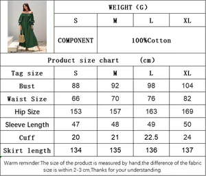 Größentabelle für grünes schulterfreies Baumwoll-Maxikleid mit elastischem Brustteil