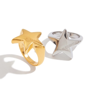 Polished stainless steel pentagram ring set with Blessing engraving for women
