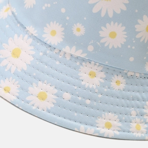 Light blue floral sun hat featuring white daisy patterns and durable stitched brim