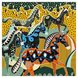 Luxury 130cm square silk scarf with geometric horse motif and vibrant multicolor patterns