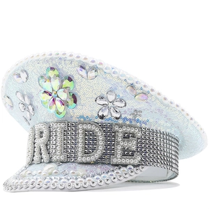 White Bride Captain Hat Rhinestone Sequin Military Sailor Hat Artificial Pearl Letter Bachelorette Party Wedding Bridal Accessory