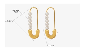Detail view showing paperclip design earrings with faux pearls and size dimensions