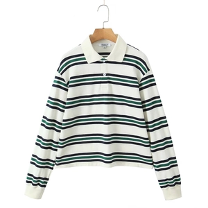Detail of green and navy striped Polo shirt showing knitted texture and collar buttons