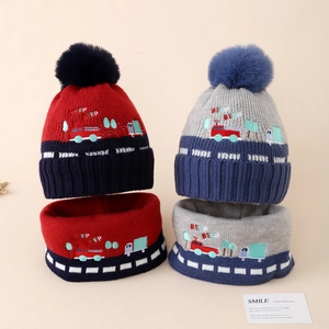 Enfants Garçons Bonnet En Tricot D'Hiver Et Cache-Cou Doublé Polaire Broderie Voiture Dessin Animé Pompon Bonnet Écharpe